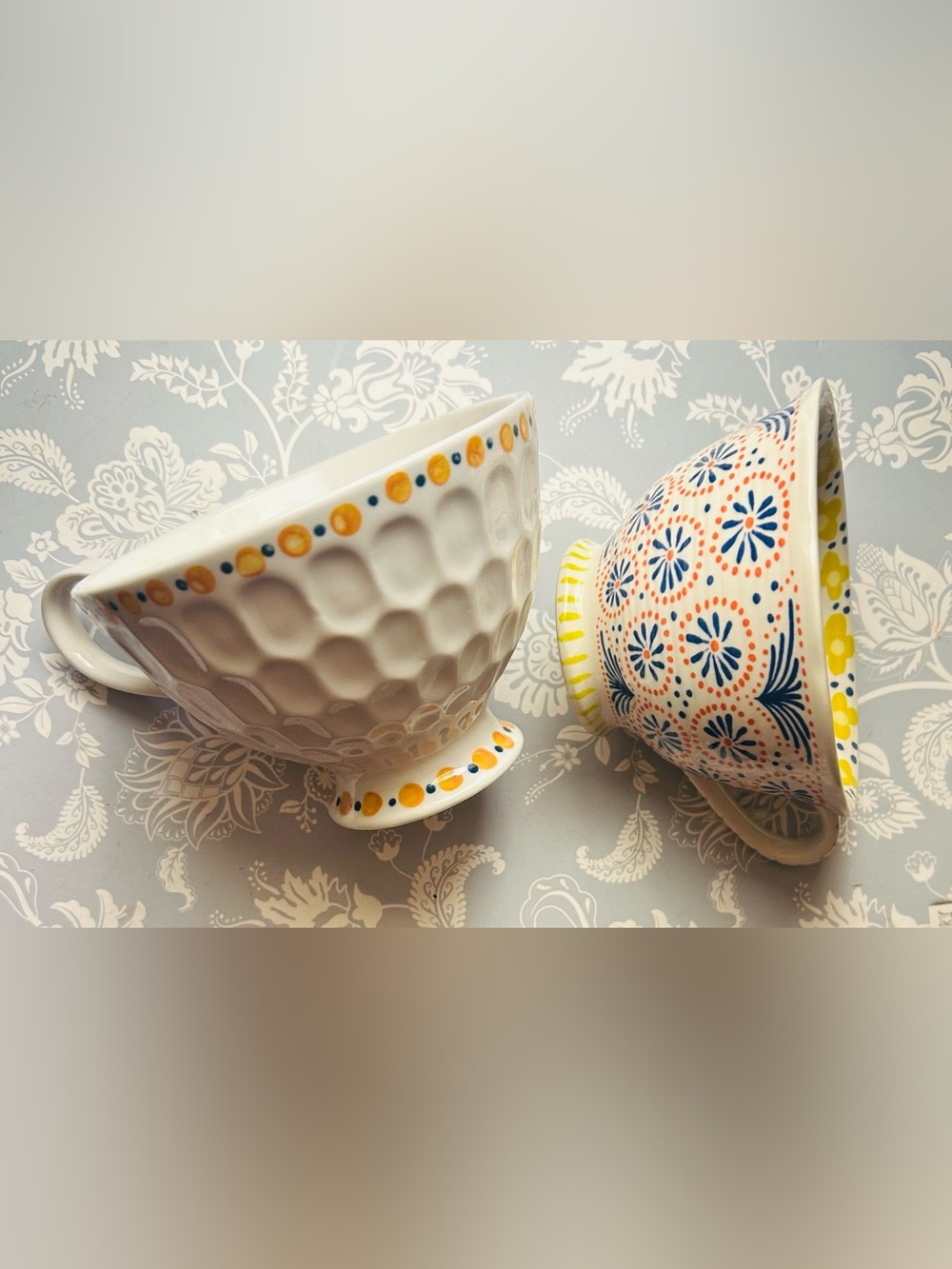 Anthropologie lot 2 yellow floral painted mugs